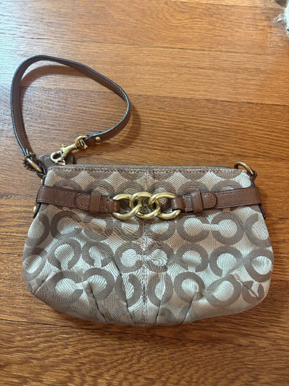 Coach Y2K Signature Wristlet Pochette Satin Leather Taupe